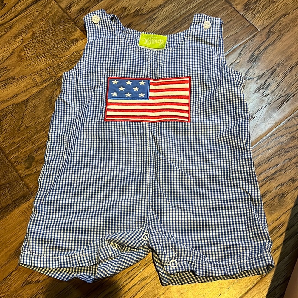 Classic Whimsy American Flag Appliqué Blue Checked Romper 9M